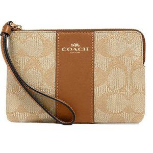 New Coach Corner Zip Wristlet In Signature Canvas Gold Light Khaki Chalk 58035
